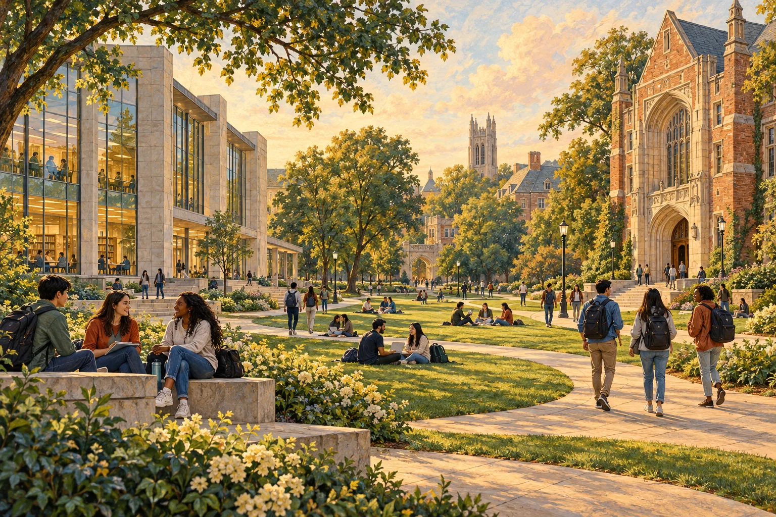 Illustrated university quadrangle with a library, lecture hall, and college students